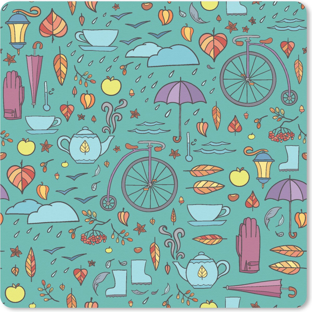 Muismat XXL 60x60 cm - Bureau onderlegger - Bureau mat Herfst - Patroon - Fiets - Regen - Bureaumat - Gaming mousepad xl - Bureaulegger groot - Computer deskmat