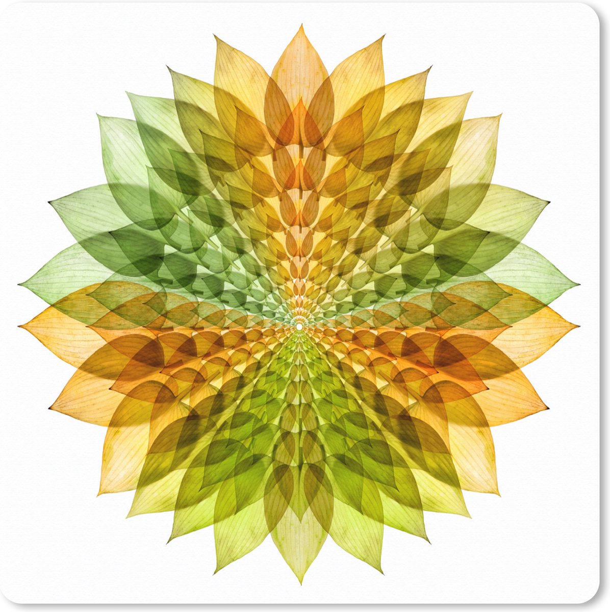 Muismat XXL 60x60 cm - Bureau onderlegger - Bureau mat Groen met geel gekleurde mandala op een witte achtergrond - Bureaumat - Gaming mousepad xl - Bureaulegger groot - Computer deskmat
