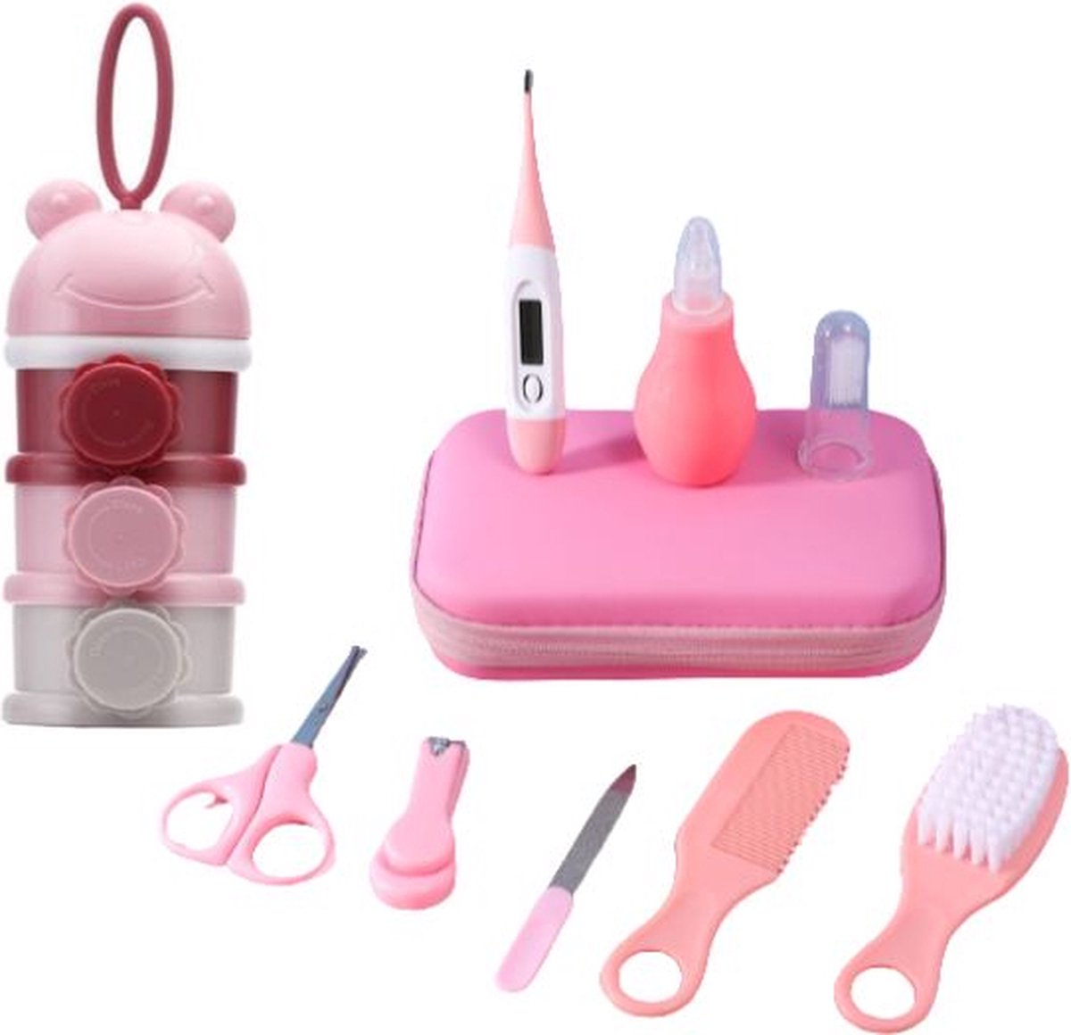 Goedkoopste 9-delige Baby Verzorgingsset Melkpoeder Toren - [ROZE] - Baby Borstel - Baby Verzorgingsproducten - Babyvoedingsaccessoires - Babyvoeding bewaarbakje - Kraam cadeau - GRATIS Opberg/-Reisdoosje
