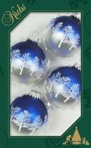 4x morceaux de boules de Noël en verre de luxe 7 cm bleu/argent avec des arbres - Décorations de Noël / Décorations de Noël pour arbres de Noël