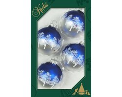 Krebs kerstballen - 4x stuks - blauw/zilver - D7 cm - glas - gedecoreerd