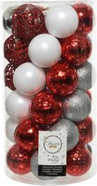37x stuks kunststof kerstballen zilver/rood/wit 6 cm - mat/glans/glitter - Onbreekbare plastic kerstballen