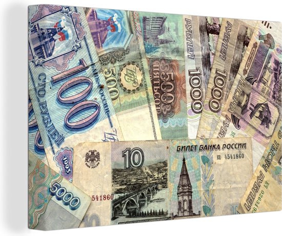 Les billets de banque de la toile rouble russe 180x120 cm - Tirage photo sur toile (Décoration murale salon / chambre) XXL / Groot format!
