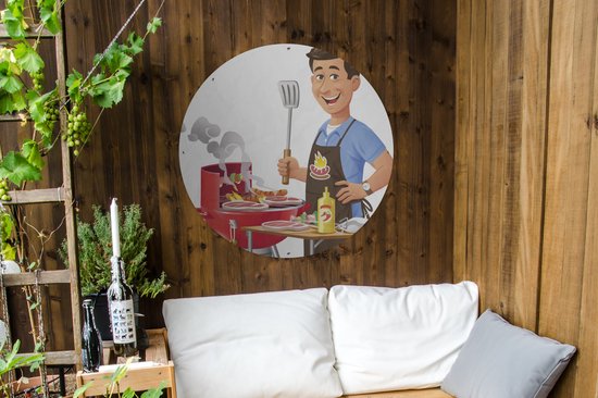 Tuincirkel Een illustratie van een man die het eten bakt op de barbecue - 90x90 cm - Ronde Tuinposter - Buiten
