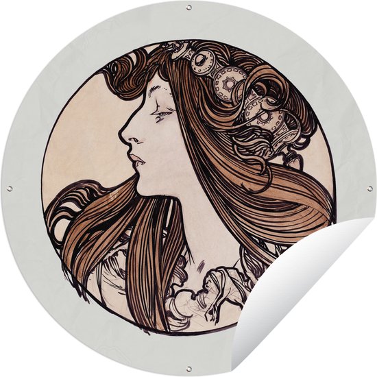 Tuincirkel Vrouw - Art nouveau -Bloem - 60x60 cm - Ronde Tuinposter - Buiten