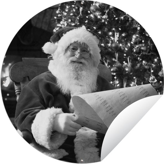 Tuincirkel De Kerstman controleert zijn lijst - zwart wit - 150x150 cm - Ronde Tuinposter - Buiten
