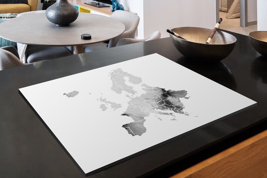 KitchenYeah® Inductie beschermer 81x52 cm - Europakaart in lichtgrijze waterverf - zwart wit - Kookplaataccessoires - Afdekplaat voor kookplaat - Inductiebeschermer - Inductiemat - Inductieplaat mat
