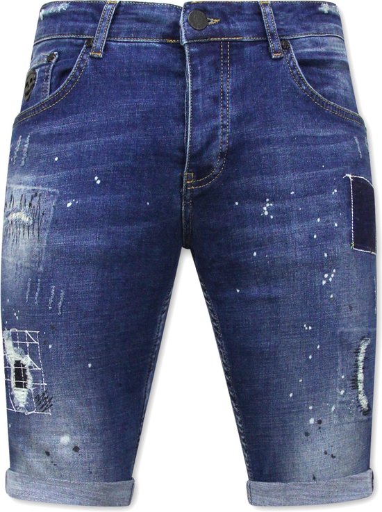 Heren Korte Jeans met Verfspatten Stretch -1035-SH- Blauw