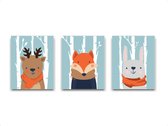 Schilderij  Set 3 hert vos konijn met sjaal in het bos / Bos / 40x30cm