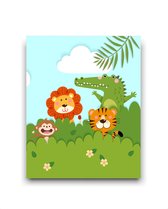 Schilderij  Dieren in de bosjes leeuw tijger aapje krokodil - rechts / Bos / 40x30cm