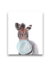 Schilderij  Jungle zebra met blauwe kauwgom - Jungle dieren / Kauwgombel / 50x40cm