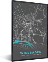 Fotolijst incl. Poster - Stadskaart – Plattegrond – Duitsland – Blauw – Wiesbaden – Kaart - 20x30 cm - Posterlijst