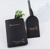 Premium Lederen Paspoorthoes met Bagagelabel - Paspoorthouder - Paspoort Protector with Luggage Tag - Zwart