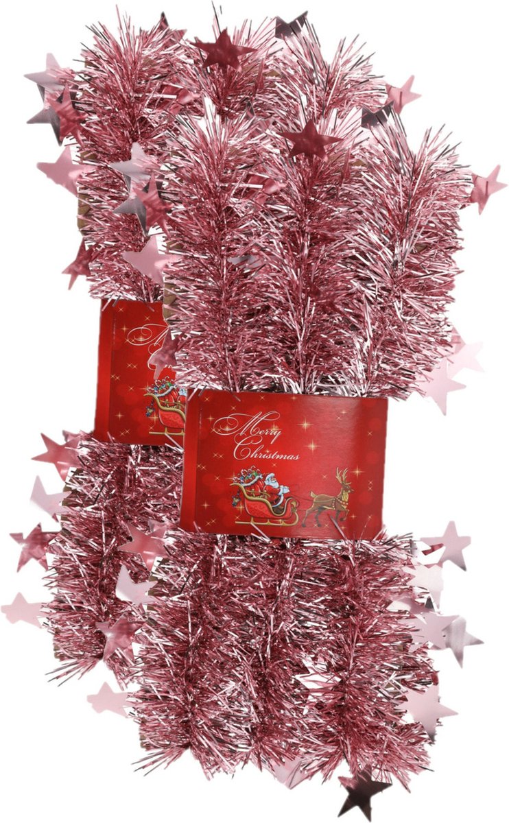 2x stuks lametta kerstslingers met sterretjes roze 200 x 6,5 cm - kerstslingers/kerst guirlandes