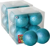 16x stuks kerstballen ijsblauw glitters kunststof diameter 7 cm - Kerstboom versiering
