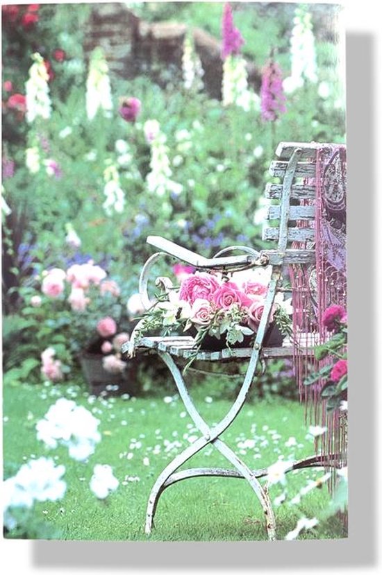 Roze rozen op een stoel in een tuin met bloemen en een gebreide deken.