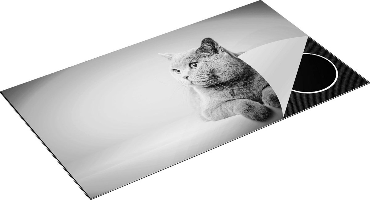 Chefcare Inductie Beschermer Grijze Kat met Oranje Ogen - Zwart Wit - 95x50 cm - Afdekplaat Inductie - Kookplaat Beschermer - Inductie Mat