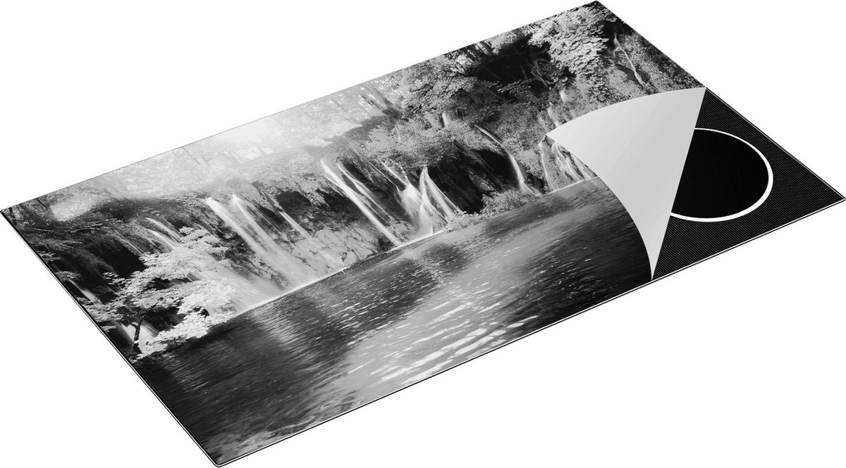 Chefcare Inductie Beschermer Waterval met Roze en Groene Bloemen - Zwart Wit - 90x55 cm - Afdekplaat Inductie - Kookplaat Beschermer - Inductie Mat