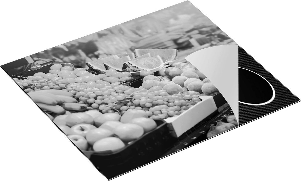 Chefcare Inductie Beschermer Vers Fruit op de Markt - Zwart Wit - 60x52 cm - Afdekplaat Inductie - Kookplaat Beschermer - Inductie Mat
