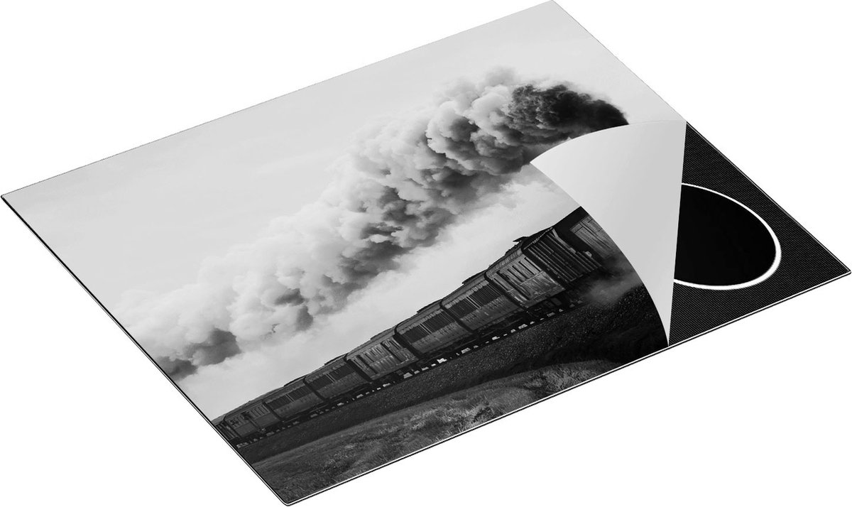 Chefcare Inductie Beschermer Locomotief Trein met Rook Wolken - Zwart Wit - 65x55 cm - Afdekplaat Inductie - Kookplaat Beschermer - Inductie Mat