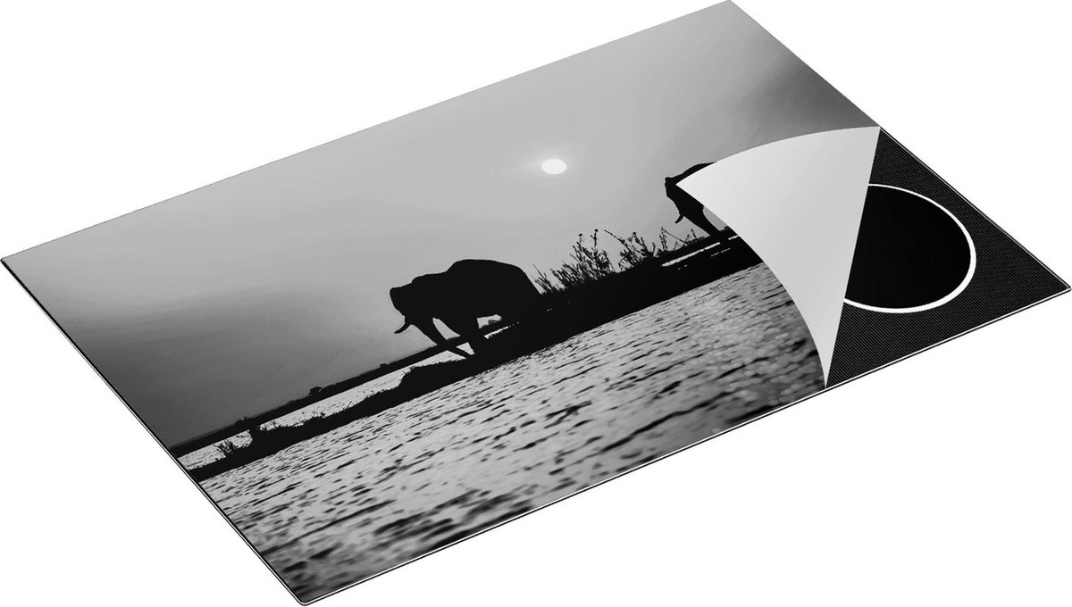 Chefcare Inductie Beschermer Twee Olifanten aan het Water bij Zonsondergang - Zwart Wit - 81,6x52,7 cm - Afdekplaat Inductie - Kookplaat Beschermer - Inductie Mat