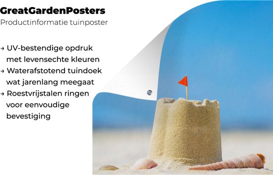 Affiche de jardin - Plage - Zandkasteel - Coquillages - Drapeau - Été - 90x120 cm - Décoration murale extérieur - Toile jardin - Décoration de jardin - Jardin