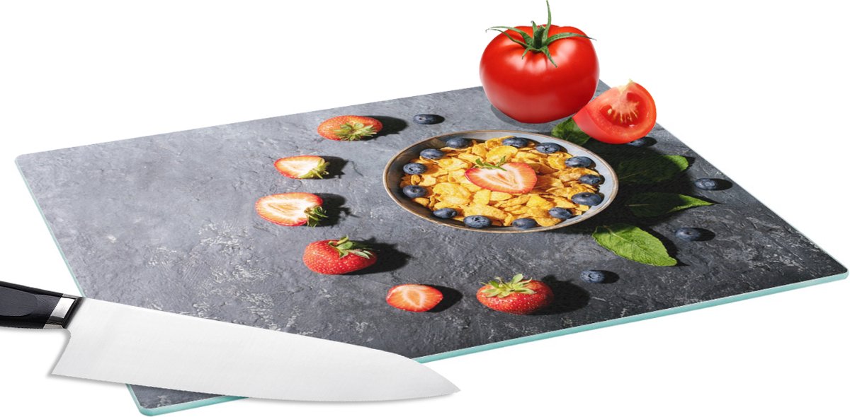 Glazen Snijplank - 39x28 - Aardbei - Cornflakes - Bes - Kruiden - Snijplanken Glas