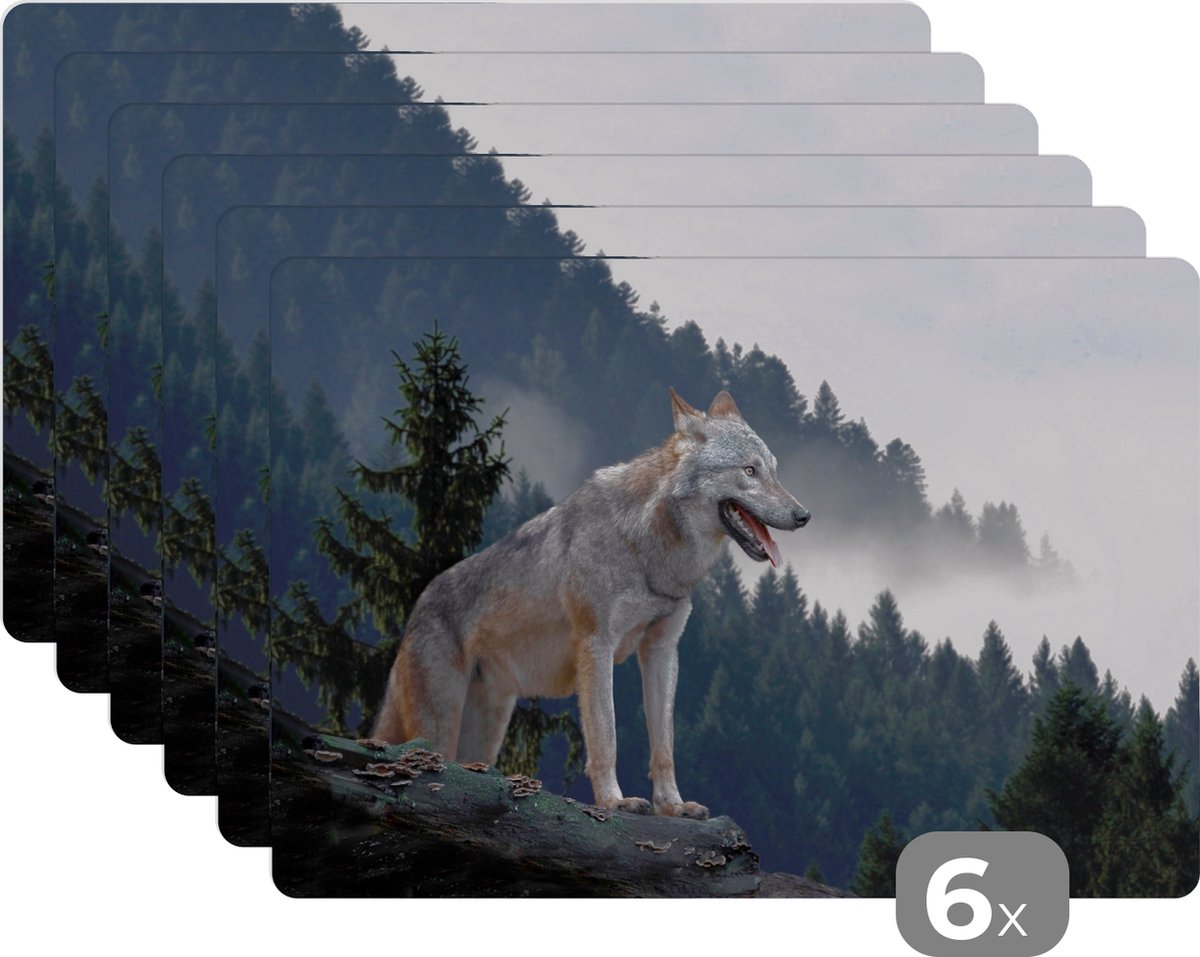 KitchenYeah - Placemats - Dieren - Wolf - Boomstam - Bos - Eettafel - Onderlegger - 45x30 cm - 6 stuks