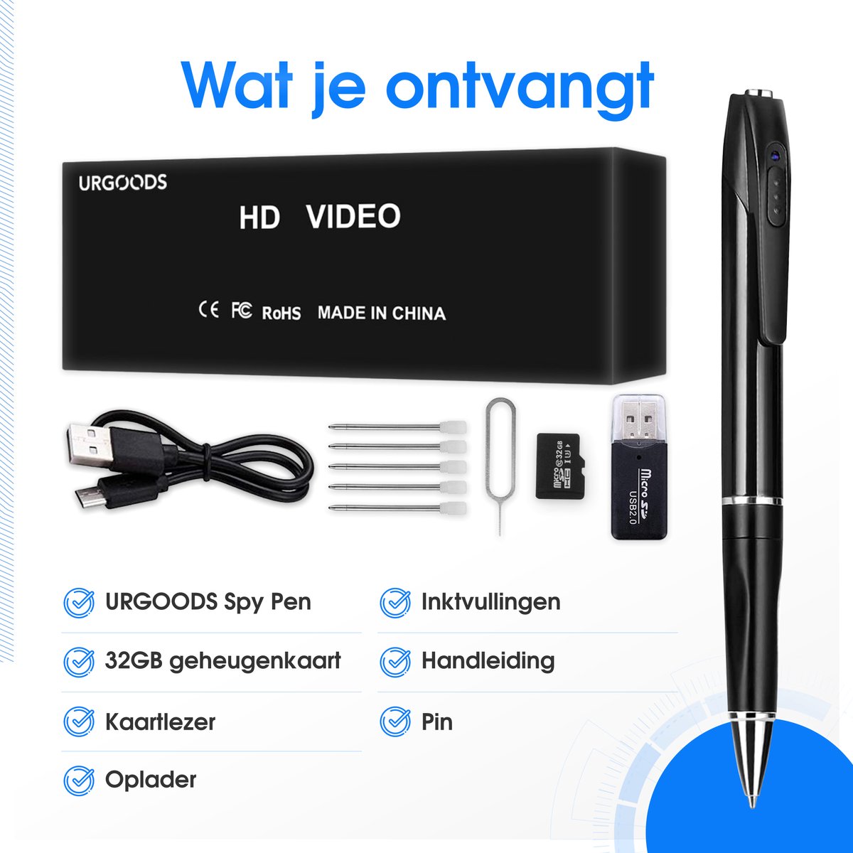 Fabquality Spy Verborgen Camera Pen 32GB - 1080P Full HD Mini Nanny Cam Met Bewegingsdetectie