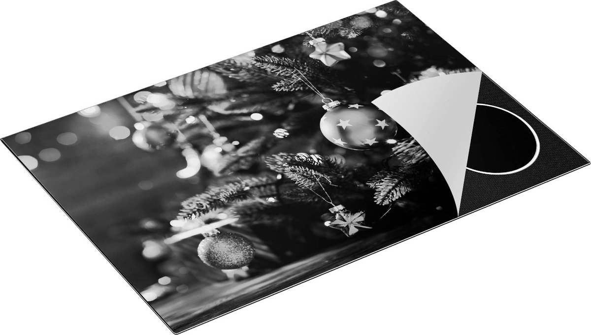 Chefcare Inductie Beschermer Kerstboom met Rode Lichtjes en Kerstballen - Zwart Wit - 76x51,5 cm - Afdekplaat Inductie - Kookplaat Beschermer - Inductie Mat
