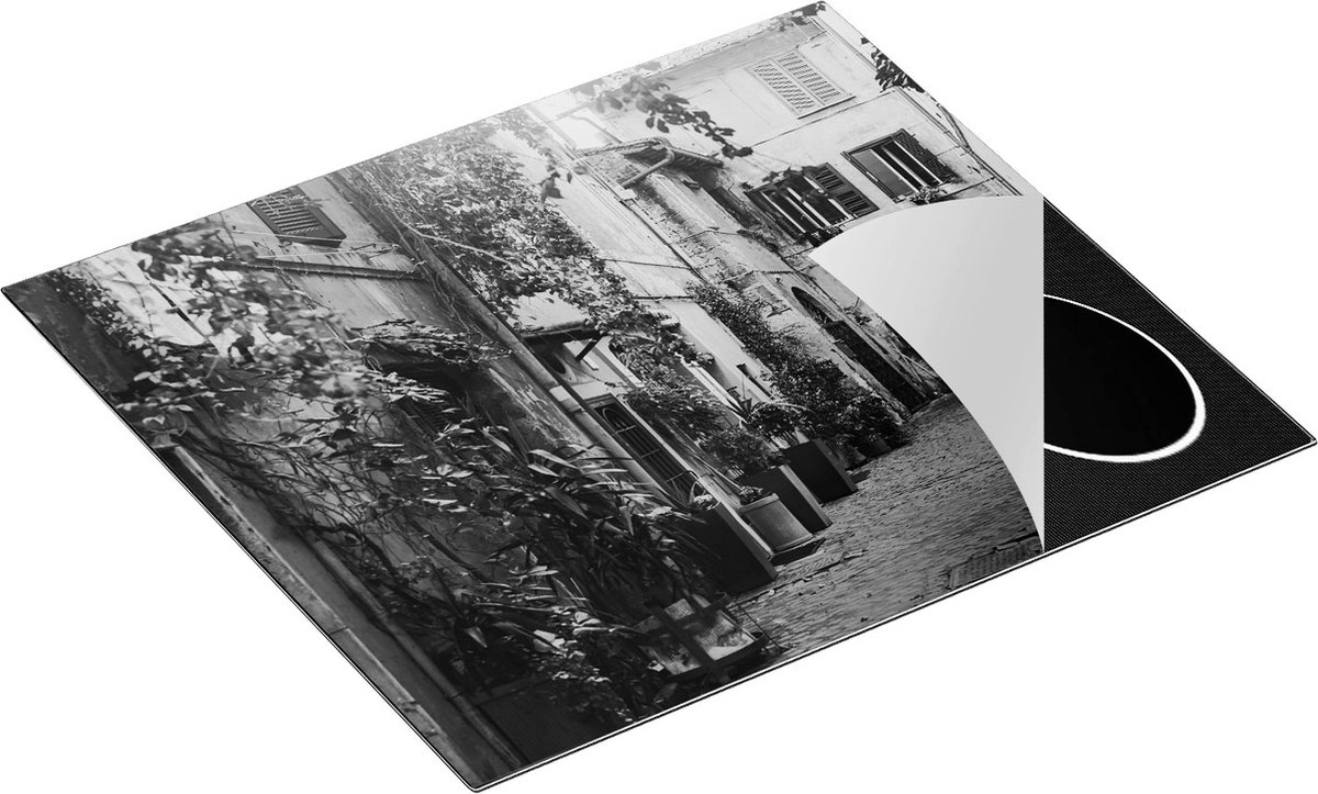 Chefcare Inductie Beschermer Straatje in Rome met Groene Planten - Zwart Wit - 57,6x51,6 cm - Afdekplaat Inductie - Kookplaat Beschermer - Inductie Mat