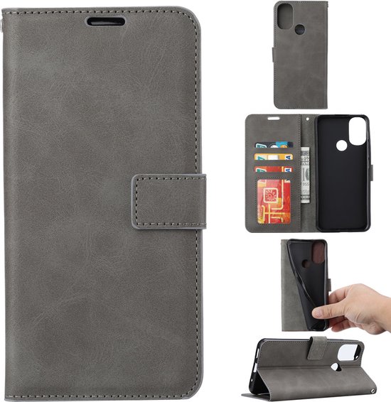 Bookcase Geschikt voor: Motorola Moto G22 - Grijs - portemonnee hoesje met 2 stuk Glas Screen protector