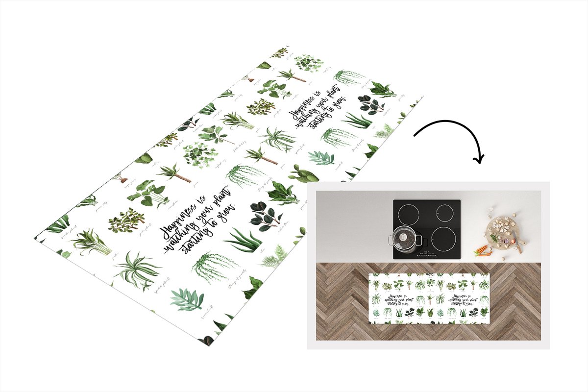 KitchenYeah Keukenloper - Loper keuken - Spreuken - Quotes - Happiness is... watching your plant starting to grow - Planten - 120x50 cm - Keukenloper vinyl Multicolor