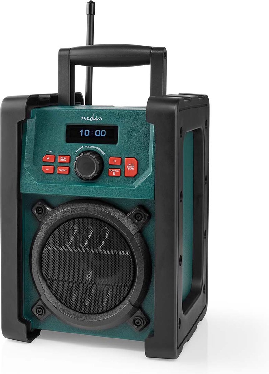 Nedis DAB+ Radio | Bouwradio | DAB+ / FM | 2.2 " | Zwart-Wit Scherm | Batterij Gevoed / Netvoeding | Digitaal | 15 W | Bluetooth® | Wekker | IP65 | Handgreep | Groen / Zwart