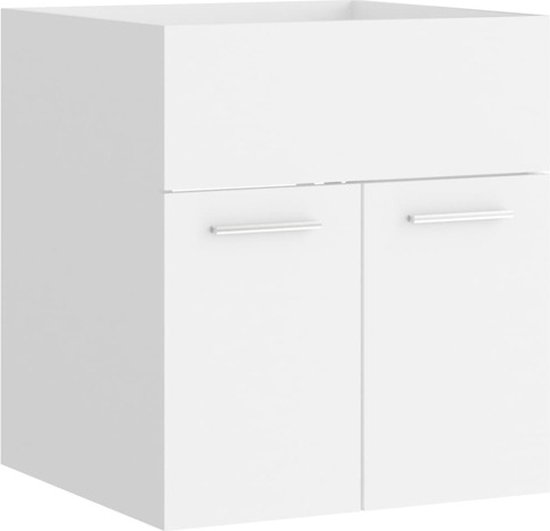 Witte onderbouwkast met twee deuren en zilverkleurige handgrepen, van voren.