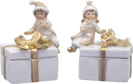 Porseleinen juwelendoosjes - Kindjes met cadeaus - Set van 2 - 11,9 cm hoog