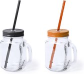 6x stuks Glazen Mason Jar drinkbekers met dop en rietje 500 ml - 3x zwart/3x oranje - afsluitbaar/niet lekken/fruit shakes