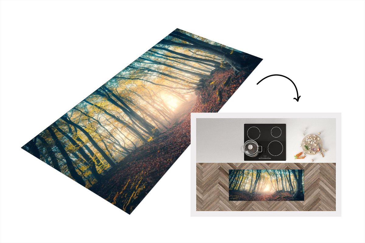 KitchenYeah Keukenloper - Loper keuken - Bos - Mist - Zon - Herfst - 120x50 cm - Keukenloper vinyl Multicolor
