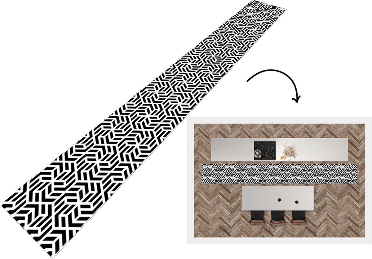 KitchenYeah Keukenloper - Keukenmat - Design - Geometrie - Patroon - Zwart - Wit - Keuken vloerkleed, foto 3