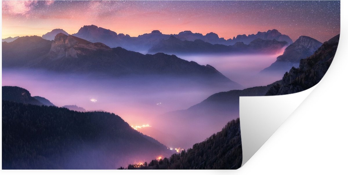Muurstickers - Sticker Folie - Bergen - Sterrenhemel - Mist - 120x60 cm - Plakfolie - Muur