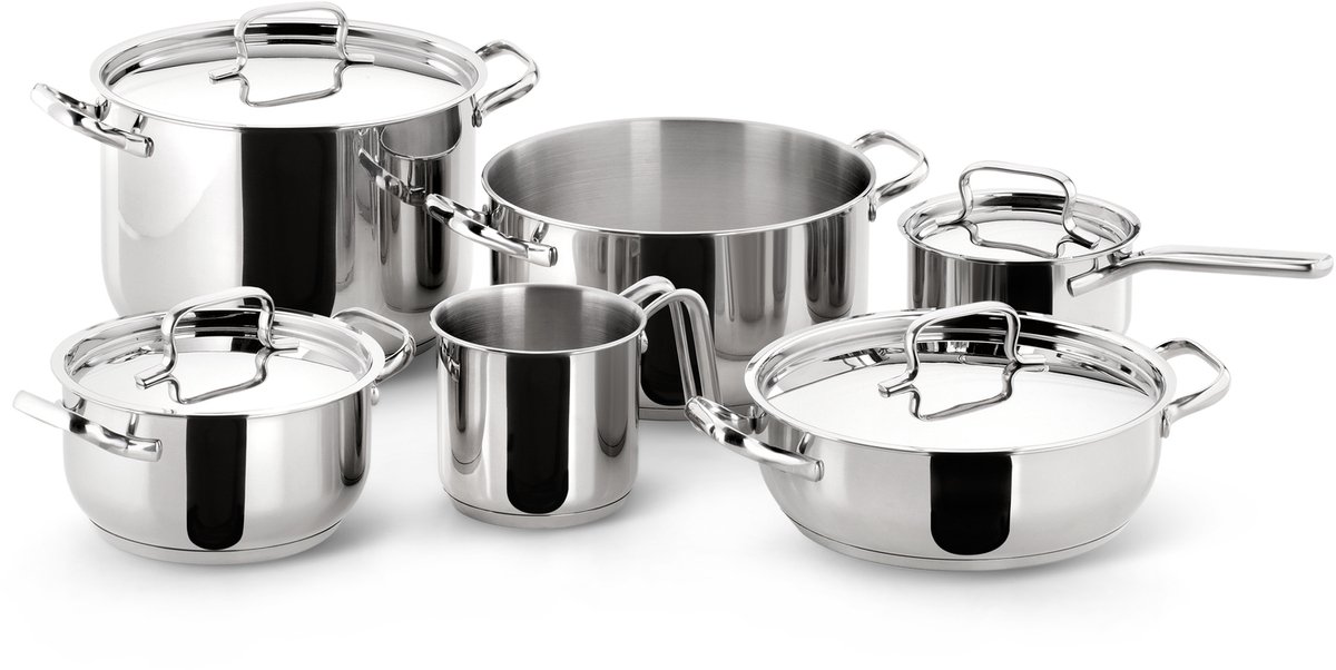 Lagostina Sfisiosa Acciaio SFIZIOSA ACCIAIO 10-delig (hoge kookpan 22 cm + kookpan 18/22 cm + hapjespan 24 cm + steelpan 14 cm + melkpot 12 cm + deksels 14/18/22/24 cm)