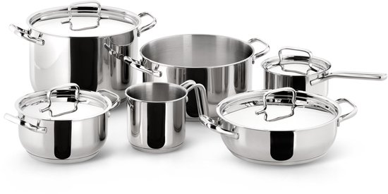 Lagostina Sfiziosa Acciaio SFIZIOSA ACCIAIO 10-delig (hoge kookpan 22 cm + kookpan 18/22 cm + hapjespan 24 cm + steelpan 14 cm + melkpot 12 cm + deksels 14/18/22/24 cm)