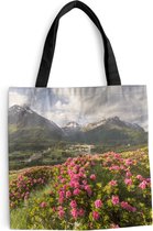 Sac bandoulière - Sac de plage - Shopper Prairie fleurie - Montagnes - Rose - 40x40 cm - Sac coton