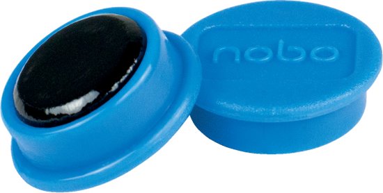 Twee blauwe ronde magneten, één met zwart ovaal oppervlak.