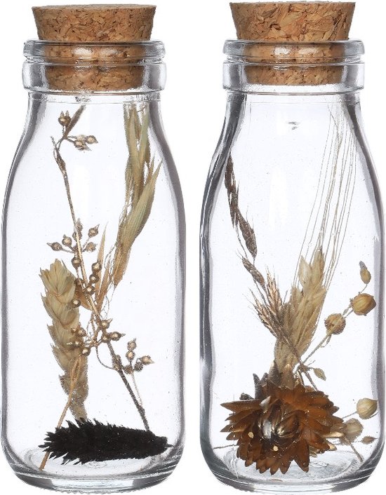  - Melkfles met diverse droogbloemen naturel 14cm hoog (12 st.)
