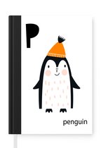 Notitieboek - Schrijfboek - Kinderillustratie van de letters van het alfabet 'Penguin' met een oranje muts op - Notitieboekje klein - A5 formaat - Schrijfblok