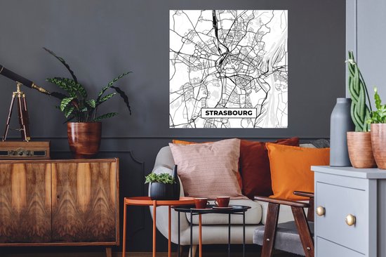 Stickers muraux - Plan de ville - Strasbourg - France - Plan - Plan d'étage - Zwart et blanc - 80x80 cm - Film adhésif