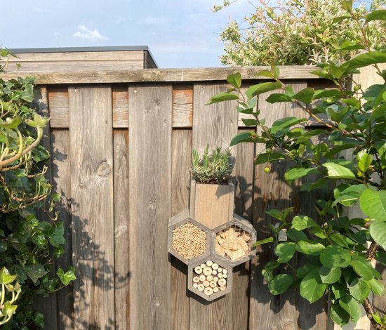 Houten bijenhotel met drie honingraatsecties, geplaatst tegen een houten schutting met een plantenbak erboven.