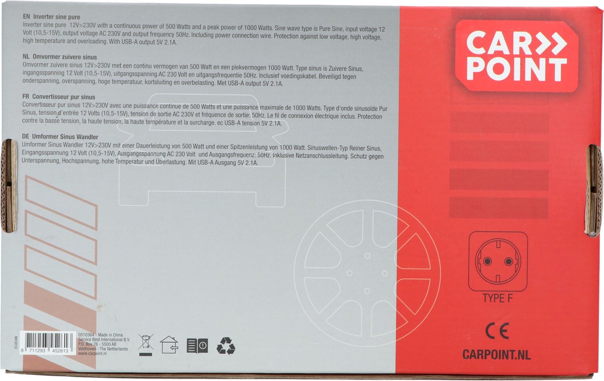 Onduleur Carpoint 12v à 230V - 500W - Onde Sinusoïdale Pure