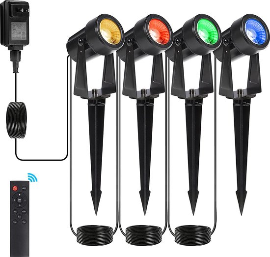 NATPOW Gartenbeleuchtung mit Strom RGB, 4 Stück LED Gartenbeleuchtung RGB Smart, Gartenleuchte LED mit APP und Fernbedienung, IP65 Wasserdichte Gartenstrahler mit Erdspieß für Garten, Terrasse, Wegen